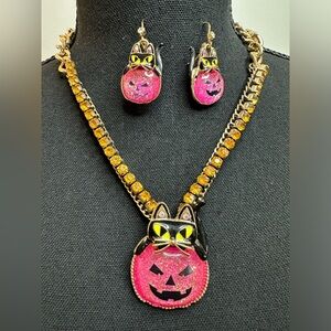 Happy Halloween Betsey Johnson Gold-tone Pumpkin with Black Witch Cat Set